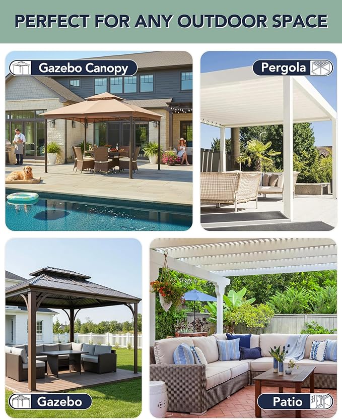 Outdoor Curtains Patio Waterproof - 10'Wx10'Lx7.9'H Gazebo Universal Replacement Privacy Curtains, 4 Panels Outside Sidewall Drapes with Zipper for Pergola Garden Backyard, Cream