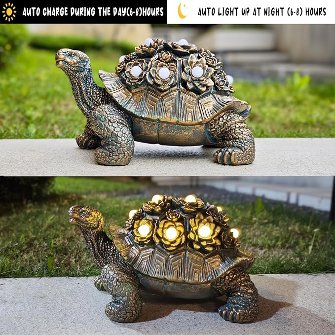 Outdoor Solar Turtle Decor, Resin Succulent Turtle Statue with Waterproof LED Lights, Garden Gift for Plant Lovers for Patio, Balcony, Yard Ornament