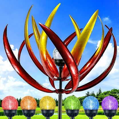 Wind Spinners Outdoor for Yard and Garden - Wind Sculptures & Spinners - 70 Inch Wind Spinner with Solar Powered Multi-Color Glass Ball Light for Yard Garden Backyard Lawn Decorations -Red and Gold