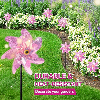 BATTIFE Reflective Pinwheels for Yard and Garden, Pre-Installed Bird Blinder Sparkly Pin Wheel, Scare Birds & Animal Away Wind Spinner, 10 Pack (Pink)