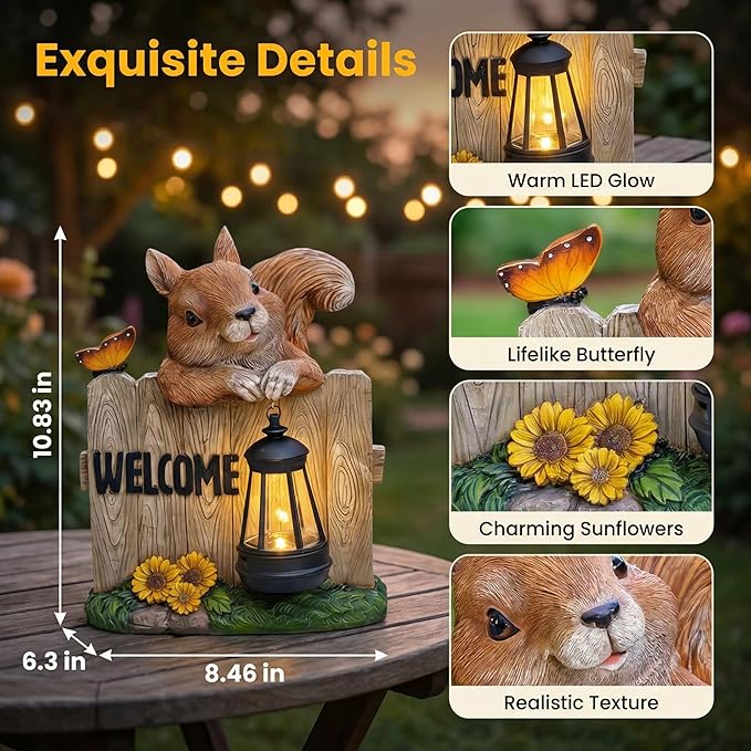 Garden Squirrel Welcome Sign with Solar Lantern, Decorative Outdoor Statue for Porch, Patio or Garden with Butterfly and Sunflowers