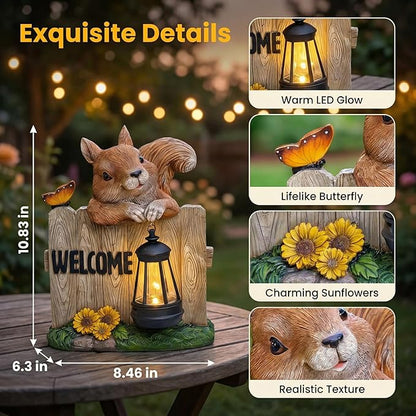 Garden Squirrel Welcome Sign with Solar Lantern, Decorative Outdoor Statue for Porch, Patio or Garden with Butterfly and Sunflowers