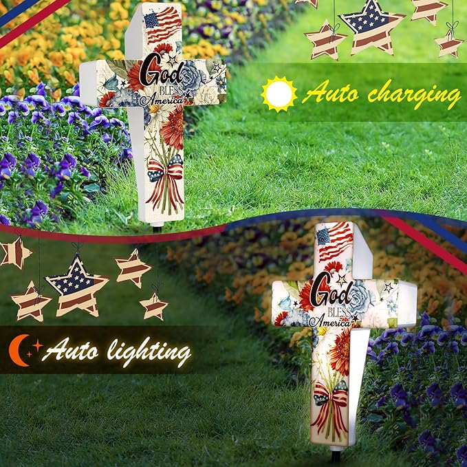 DoubleFill 4th of July Solar Lighted Cross 250 Patriotic Floral Garden Stake Decor 250th Red White and Blue Independence Day Solar Cross God Bless America Yard Decor for Memorial Veterans USA Outdoor