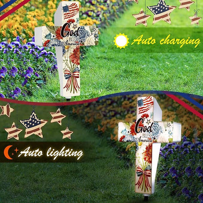 DoubleFill 4th of July Solar Lighted Cross 250 Patriotic Floral Garden Stake Decor 250th Red White and Blue Independence Day Solar Cross God Bless America Yard Decor for Memorial Veterans USA Outdoor