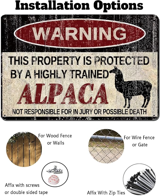 Vintage Alpaca Metal Sign Warning This Property is Protected by Highly Trained Alpaca Yard Sign Outdoor Home Wall Decor 12x8Inch