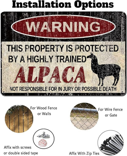 Vintage Alpaca Metal Sign Warning This Property is Protected by Highly Trained Alpaca Yard Sign Outdoor Home Wall Decor 12x8Inch