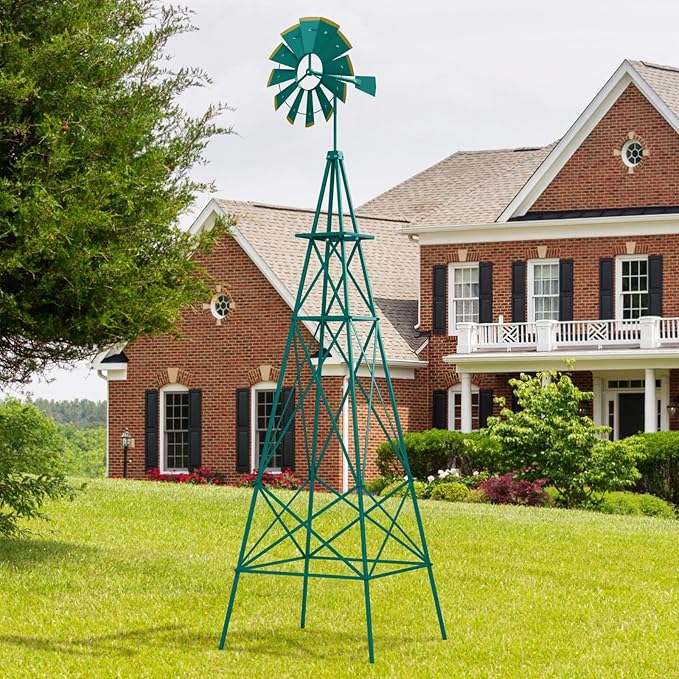 Tangkula 8.3FT Windmill Yard Garden Metal Ornamental Wind Mill Weather Vane Weather Resistant (Green)
