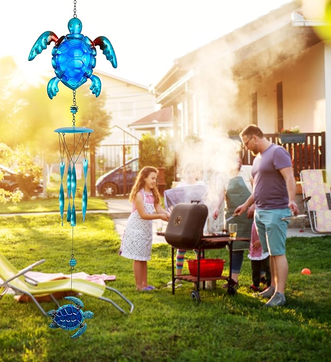 CoTa Global Blue Sea Turtle Wind Chime - Handcrafted Glass and Metal Chime - Hanging Sea Turtle Decoration for Indoor and Outdoor Spaces, Hanging Ocean Animal Windchime Decor Gift - 35 Inches