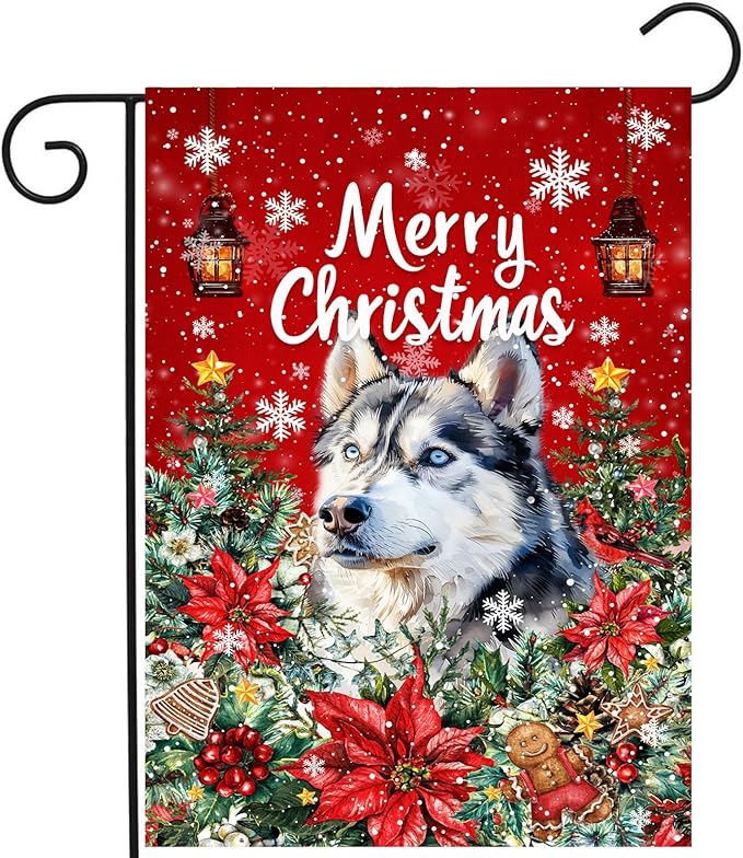 Christmas Husky Garden Flag Merry Christmas Dog Yard Flag for Outside Xmas Flags 12x18 Double Sided Red Poinsettia Garden Flags Winter Porch Decorations Outdoor