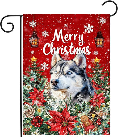 Christmas Husky Garden Flag Merry Christmas Dog Yard Flag for Outside Xmas Flags 12x18 Double Sided Red Poinsettia Garden Flags Winter Porch Decorations Outdoor
