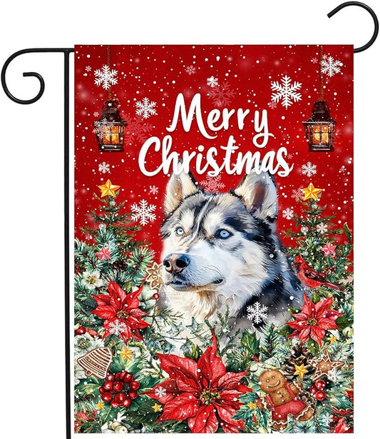 Christmas Husky Garden Flag Merry Christmas Dog Yard Flag for Outside Xmas Flags 12x18 Double Sided Red Poinsettia Garden Flags Winter Porch Decorations Outdoor