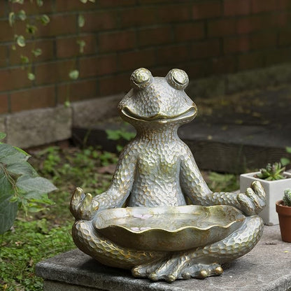 Glitzhome Meditating Yoga Frog Outdoor Statue Garden Sculpture Decor with Birdbath, 14.25" H, Bronze