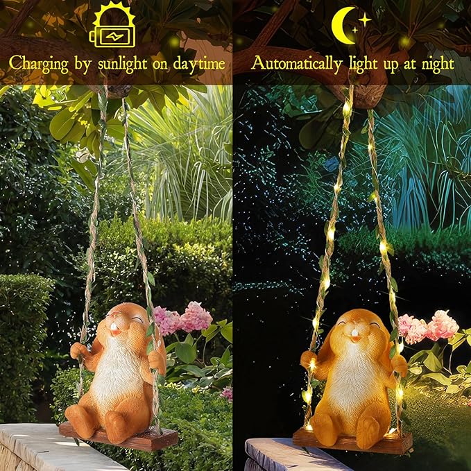 Thyle Solar Light Outdoor Bunny Statues 19" H Hanging Bunny on Swing with LED Light Spring Decorations Outdoor Resin Waterproof Hanging Animal Figurine with Hook for Yard Garden Wall Gift
