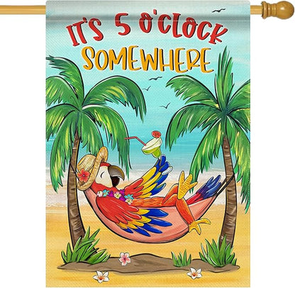 Welcome Summer Parrot Bird Decorative House Flag, It's 5 O'clock Somewhere Beach Coastal Tropical Palm Tree Garden Yard Outside Decorations, Hawaii Nautical Outdoor Large Home Decor 28 x 40