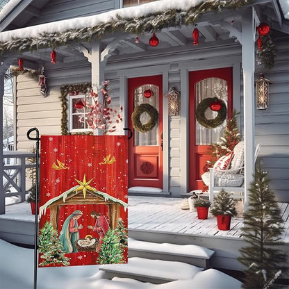 Xmas Poinsettia Garden Flag Holy Night Nativity Double Side Yard Flags Religious Christma Jesus Nativity Scene Decor House Banner for Winter Happy Holiday Outdoor Yard Decor 12 x 18 Inch
