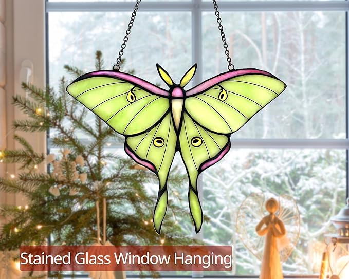 Luna Moth Stained Glass Window Hanging - Handmade Suncatcher Real Glass - Light Green Butterfly Light Catcher Elegant Gifts for Mother, Women, Grandma (Gifts-Box provided)