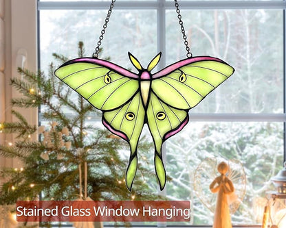 Luna Moth Stained Glass Window Hanging - Handmade Suncatcher Real Glass - Light Green Butterfly Light Catcher Elegant Gifts for Mother, Women, Grandma (Gifts-Box provided)