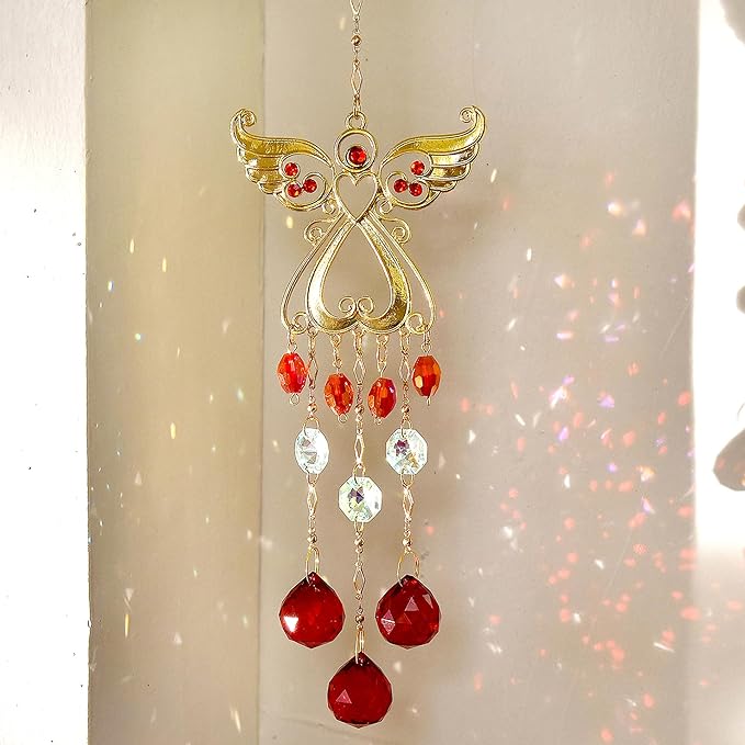 WOMHOPE Sun Catcher Crystals Hanging Rainbow Maker for Windows Garden Suncatchers Crystal Prisms Angel Christmas Tree Ornament (Red)