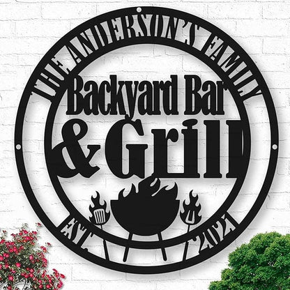 Personalized BBQ Metal Sign - Custom Backyard Bar Name Sign - Outdoor Grill Decoration - Patio, Porch, Deck, Garden Accessories - Gifts for Dad, Husband, Grandpa