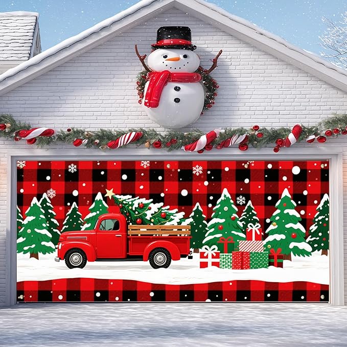 IVN Merry Christmas Garage Door 13x6ft Festive Backdrop Red Truck with Christmas Trees and Gifts Photo Prop Background for Holiday Yard Door Cover Outdoor Winter Scene