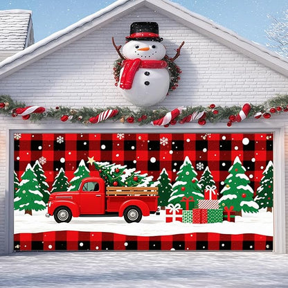 IVN Merry Christmas Garage Door 13x6ft Festive Backdrop Red Truck with Christmas Trees and Gifts Photo Prop Background for Holiday Yard Door Cover Outdoor Winter Scene
