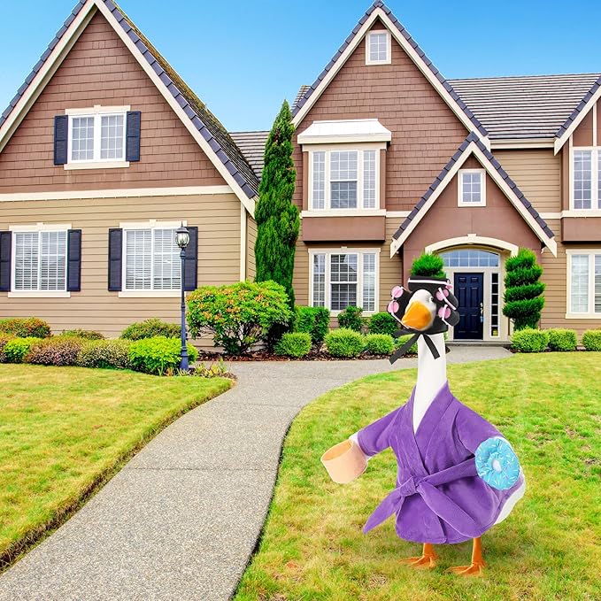 Shyyween Lady Porch Goose Outfit for 17'' Cement Plastic Lawn Goose Statue Clothes Purple Bathrobe Coffee Cup Curlers for Outdoor Garden Yard Patio Decoration