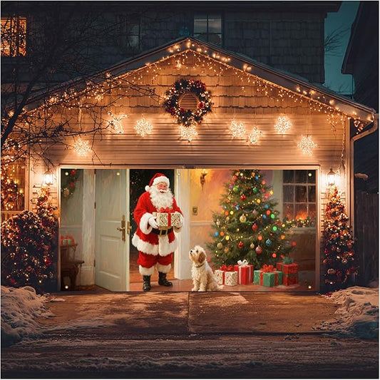 HOMETITUTE 13x6ft Christmas Garage Door Banner Santa with Dog Scene, Red Green Warm Light Backdrop Outdoor Indoor Xmas Wall Background Decor for Winter Holiday Porch Yard Seasonal Display