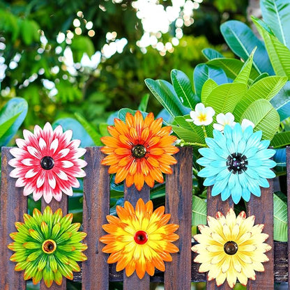 Photect 6 Pcs Metal Flowers Wall Decor Hanging Outdoor Metal Daisy Wall Art Decorations Multiple Layer 3D Daisy Flowers for Garden Farmhouse, 8 Inch(Classic Color)