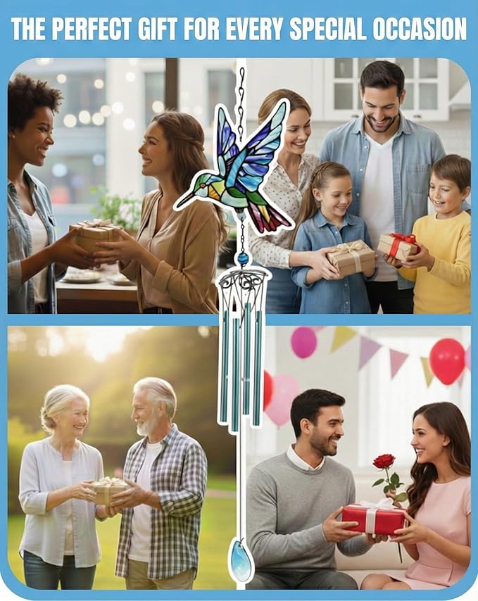Wind Chimes for Outside, Blue Stained Glass Hummingbird Wind Chime, Deep Tone Memorial Gifts for Women Mom Grandma, Durable Metal Garden Patio Yard Window Decoration