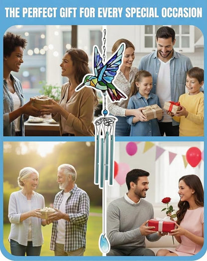Wind Chimes for Outside, Blue Stained Glass Hummingbird Wind Chime, Deep Tone Memorial Gifts for Women Mom Grandma, Durable Metal Garden Patio Yard Window Decoration