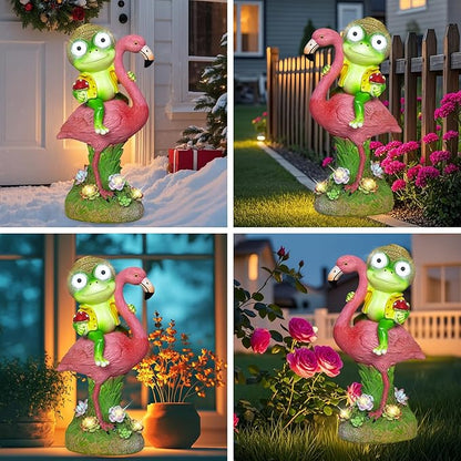Solar Garden Statue, Whimsical Frog Riding Flamingo Outdoor Decor with Glowing LED Eyes, IP65 Waterproof Resin Lawn Ornament for Patio Yard Balcony, Unique Housewarming Gift for Mom Grandma Women