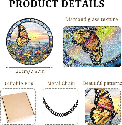 7.87" Butterfly Stained Glass Window Hanging, Sun Catcher with Metal Chain and Hook, Butterfly Ornaments Gifts for Women Men, Christmas Home Decorations Floral Themed Housewarming Gifts