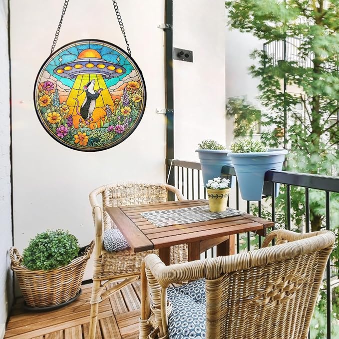 7.8 Inch Stained Glass Window Hanging UFO Mouse Sun Catcher Indoor Window Door Wall Yard Home Decor Stained Glass Ornament Colorful Glass Panel Suncatcher Gifts for Women Men Mom Art Lover Astronomer