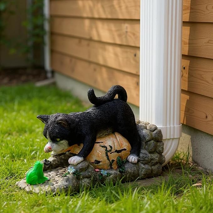 Tuxedo Cat Statue Gutter Downspout Extensions, Black Cat Figurine Rain Gutter Downspout Splash Block Cover Sculpture Decorative, 3" × 4" Downspouts