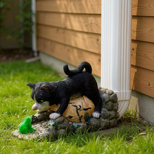 Tuxedo Cat Statue Gutter Downspout Extensions, Black Cat Figurine Rain Gutter Downspout Splash Block Cover Sculpture Decorative, 3" × 4" Downspouts