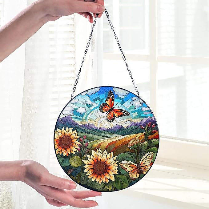 Sunflower Stained Glass Suncatcher Window Hanging Decor - Christmas, Mother's Day, Birthday Sunflower Gifts for Women Adults, Friends Sisters Teachers, Home Decors for Window Kitchen Garden Patio