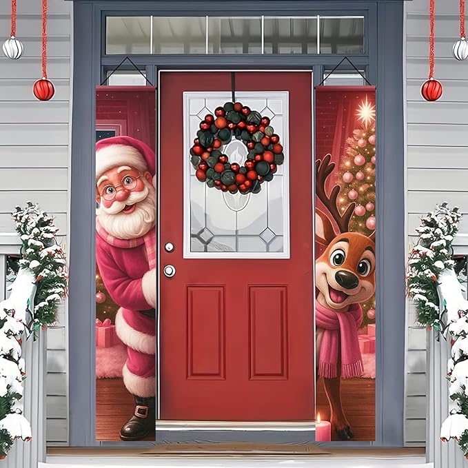 BlissYard Christmas Porch Banners 12x71 Inch Merry Christmas Banner Snowflakes Reindeer Pink Santa Door Cover Winter Holiday Banner Xmas Door Decor Welcome Hanging Signs for Front Door Porch Outdoor Home Party Decorations