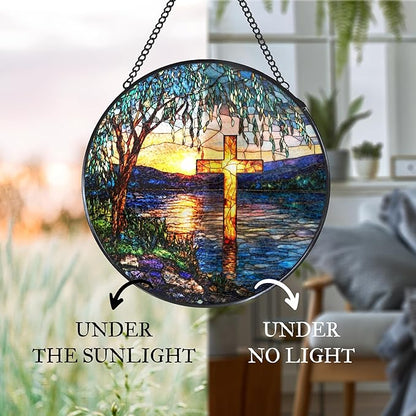 Cross Willow Tree Stained Glass Window Hanging Suncatcher, Christian Willow Sunset Sun Catcher Indoor Window Decor, Religious Painted Glass Round Wall Hanging Decorations, 7.8x7.8 in
