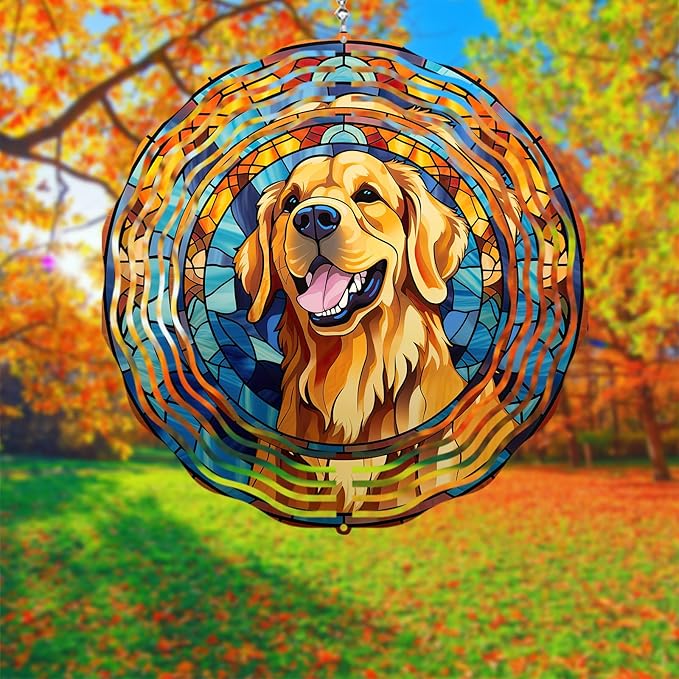 Golden Retriever Wind Spinner Pet Dog Memorial Gifts, Vibrant 3D Kinetic Aluminum Metal Hanging Outdoor Garden Decor, Loss of Dogs Sympathy Gifts, 8" Wind Sculptures for Patio, Porch Yard Art (GR7)