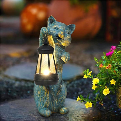 Garden Statue Cat with Solar Lantern Outdoor Decorations Cat Figurine Lights for Outdoor Patio Balcony Yard Porch Lawn for Women Mom Grandma Family Friend