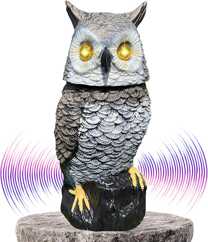 Brown Solar Owl with Motion Detector, Flashing Eyes, Spinning Head, Realistic Hooting and Silent Mode, Garden Owl, Outdoor Statue, Decoration for Home, Garden, Patio and Fence