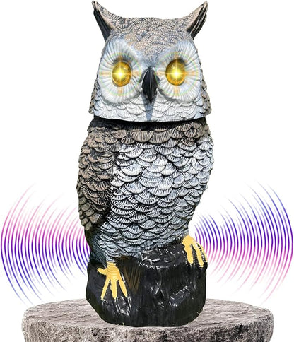 Brown Solar Owl with Motion Detector, Flashing Eyes, Spinning Head, Realistic Hooting and Silent Mode, Garden Owl, Outdoor Statue, Decoration for Home, Garden, Patio and Fence