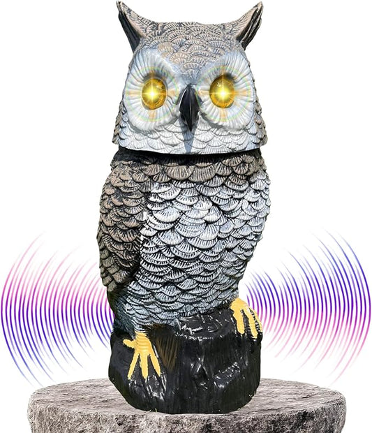 Brown Solar Owl with Motion Detector, Flashing Eyes, Spinning Head, Realistic Hooting and Silent Mode, Garden Owl, Outdoor Statue, Decoration for Home, Garden, Patio and Fence