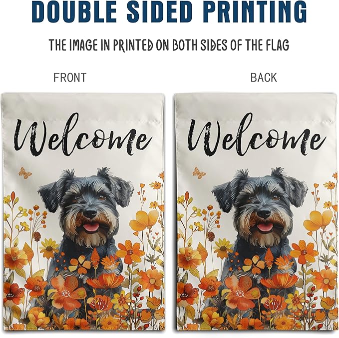 Floral Schnauzer Garden Flag Fall Yard Flag Wildflower Dog Garden Flags Orange Autumn Lawn Flags Welcome Thanksgiving Outdoor Flags for Outside 12x18 Double Sided Small