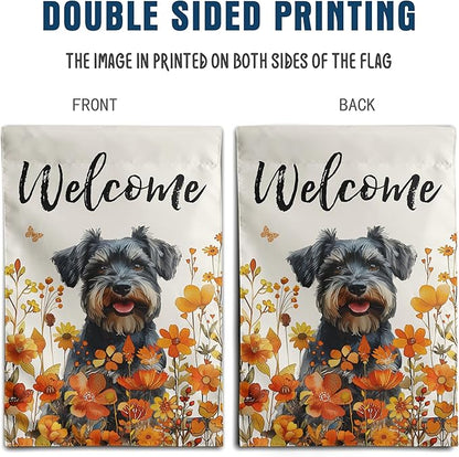 Floral Schnauzer Garden Flag Fall Yard Flag Wildflower Dog Garden Flags Orange Autumn Lawn Flags Welcome Thanksgiving Outdoor Flags for Outside 12x18 Double Sided Small
