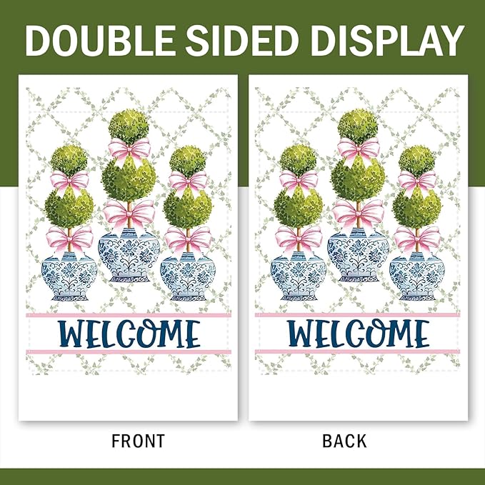 Chinoiserie Topiary Welcome Decorative Garden Flag, Blue and White Porcelain Botanical Large Yard Outside Decorations, Pink Bow Coquette Plant Burlap Outdoor Home Decor Double Sided 28 x 40