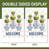 Chinoiserie Topiary Welcome Decorative Garden Flag, Blue and White Porcelain Botanical Large Yard Outside Decorations, Pink Bow Coquette Plant Burlap Outdoor Home Decor Double Sided 28 x 40