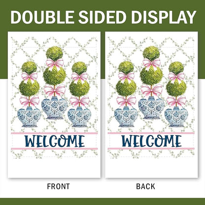 Chinoiserie Topiary Welcome Decorative Garden Flag, Blue and White Porcelain Botanical Large Yard Outside Decorations, Pink Bow Coquette Plant Burlap Outdoor Home Decor Double Sided 28 x 40