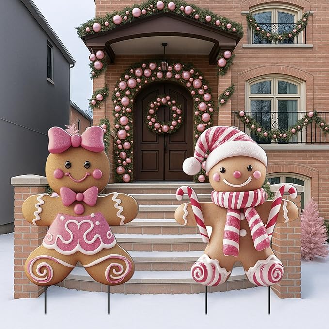 2 Pack Christmas Yard Stakes Metal Stakes 3D Boy and Girl Yard Sign Christmas Outdoor Decorations for Outside Holiday Xmas Winter Ornament Lawn Pathway(Pink Gingerbread Man Couple)