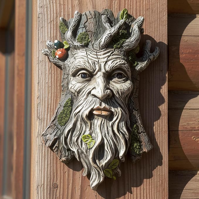 Old Man Tree Face Hugger Outdoor Decor, Handmade Tree Art Resin Statue with Foliage & Mushroom Details, Whimsical Hanging Yard Art for Garden Wall Fence